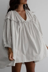 Frill Plaid Notched Balloon Sleeve Mini Dress White OutfitFlow